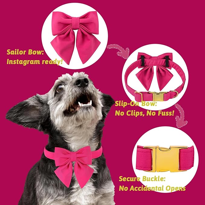 Maca Bates Hot Pink Dog Collar with Cute Rose Red Solid Sailor Bow Tie,Small Girl Boy Dogs,Girly Adjustbale Durable Breakaway Soft Collars with Bowtie for Female Male Puppy,Pet with Metal Buckle