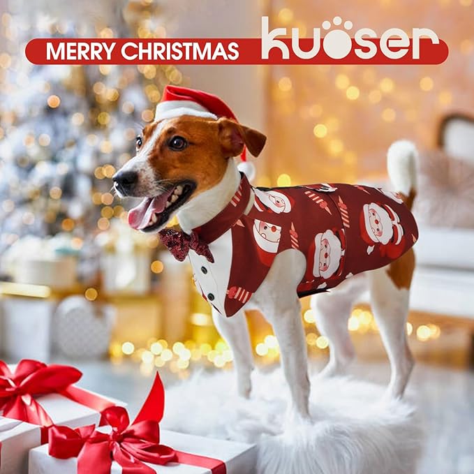 Kuoser Christmas Dog Tuxedo Dogs Suit and Bandana Set, Santa Claus Doggy Christmas Outfit Adjustable Pet Xmas Costume with Bow Tie for Large Medium Small Dogs Golden Retriever Samo Bulldogs, Red L