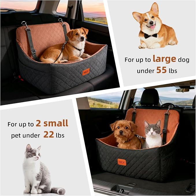 Dog Car Seat for Medium/Large Dog Booster Seat Under 55 lbs or 2 Small Dogs, Memory Foam Cushion, Washable Cover, 2 Safety Straps, Non-Slip Bottom, Pets Sofa Bed, Black