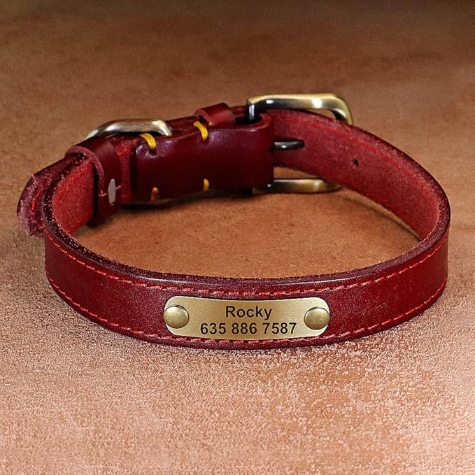 Personalized Leather Dog Collar Custom Dog Collars Leather Gold Buckle Pet ID Collar for Small Medium Large Dogs Dobermann Red S
