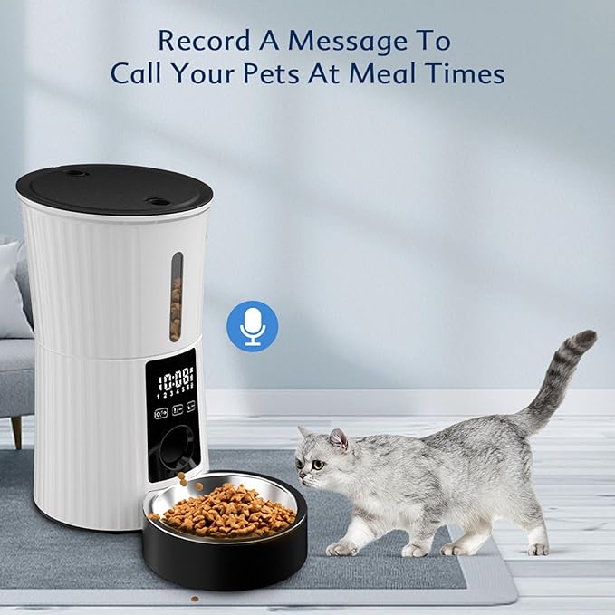 Automatic Pet Feeder, Dual Power Supply, Programmable Timer, LED Touch Screen, Recordable, Compatible with Dry Food for Cats and Dogs