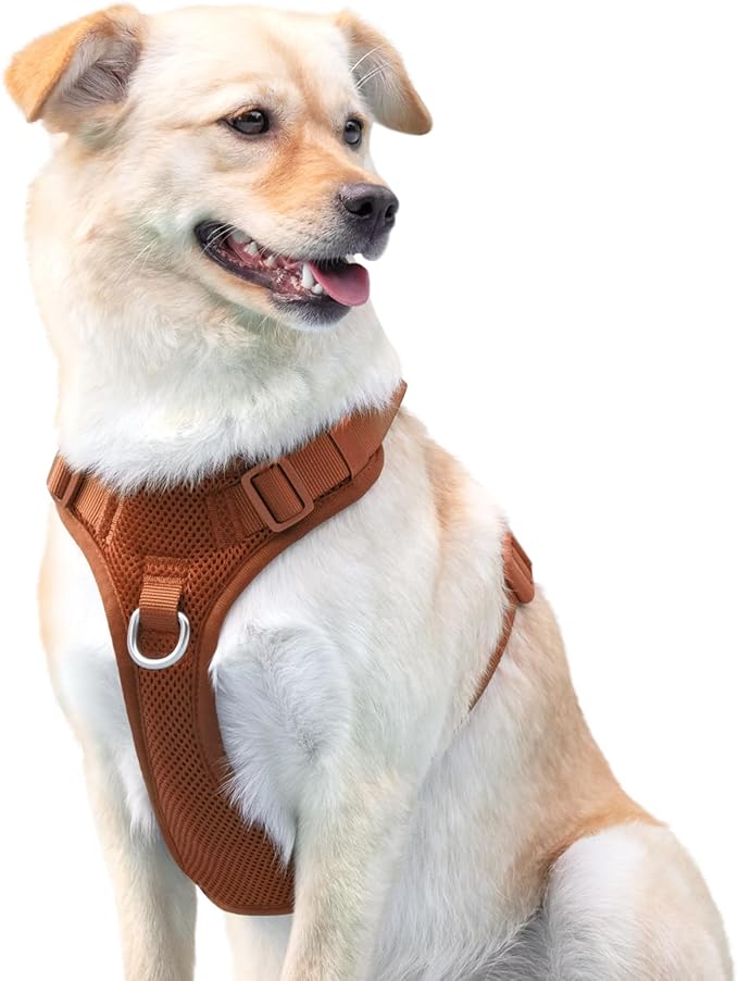 No Pull Dog Harness for Small Medium Large Dogs - Adjustable 2 Layer Mesh Dog Vest with Dual Clip, Escape Proof, Quick Release, Lightweight Breathable Mesh for Walking Hiking (Carmel Brown,L)