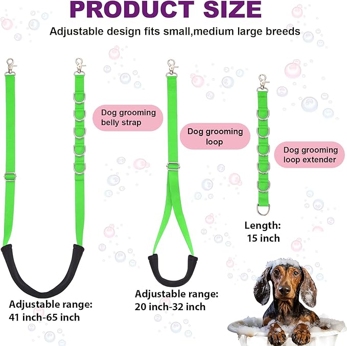 Dog Grooming Belly Strap - 3PCS Grooming Restraint Set Adjustable Belly Band Loops Strap with Padded Support & Loop Extension Straps Pet Grooming Harness Kit for Dogs (Green)