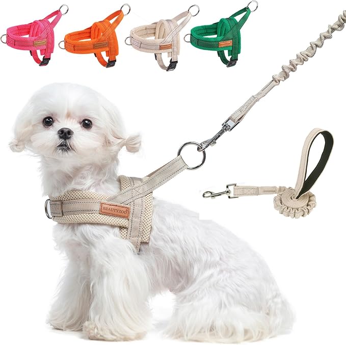 BEAUTYZOO Dog Harness for Small Dogs, No Pull Dog Harness and Leash Set, Soft Escape Proof Puppy Vest Harness with Handle, Reflective Lightweight Step in Harness for Girl Boy Dogs, Beige XS