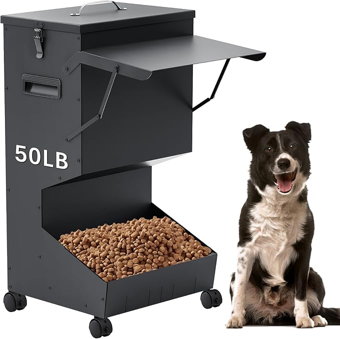 1 Pcs Automatic Large Dog Feeder with Lid and Wheels Outdoor 50 Lbs Self Feeding Pet Food Dispenser for Large Breed Dogs Pets