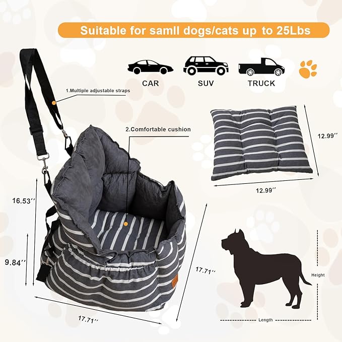 Small Dog Car Seats Washable Dog Booster Seat for Car Clip-On Leash and Cushion with Storage Pockets Under 25lbs Portable Travel Pet,Black