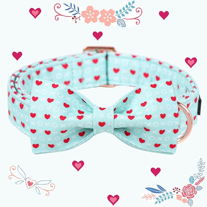 Maca Bates Valentine's Day Dog Collar with Fancy Bow for Extra Small Girl Boy Dogs,Blue Red Love Hearts Pattern,Adjustable Durable Soft Valentine Gift for Female Male Puppy