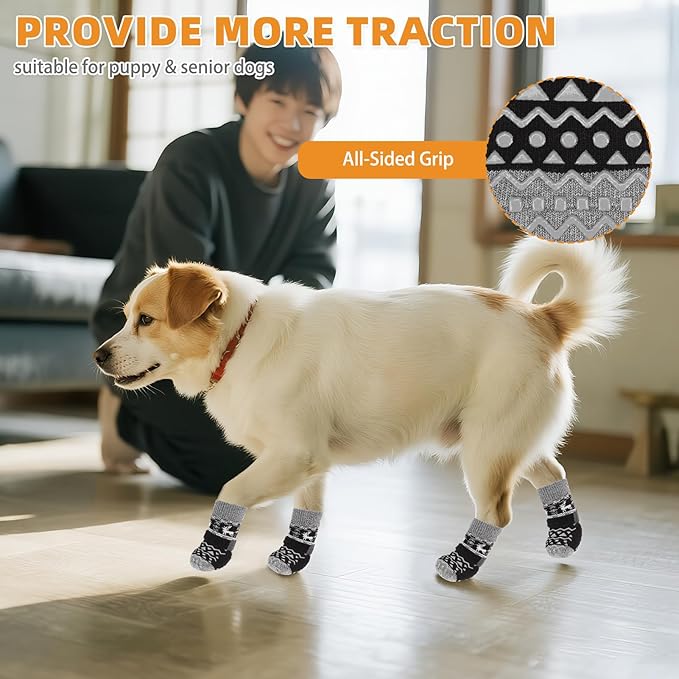KOOLTAIL Dog Socks to Prevent Licking Paws, Dog Christmas Outfit Shoes for Winter Snow Pavement, Warm Fleece Pet Boots & Paw Protector for Hardwood Floors Anti Slip, Small Medium Large Senior Dogs, XL