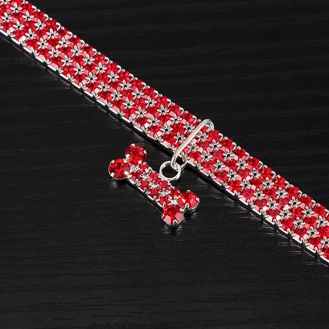 TOYANDONA Rhinestone Pet Dog Collar Crystal Necklace with Bone Pendant Adjustable Buckle Red Large Size Luxury Pet Supplies for Dogs