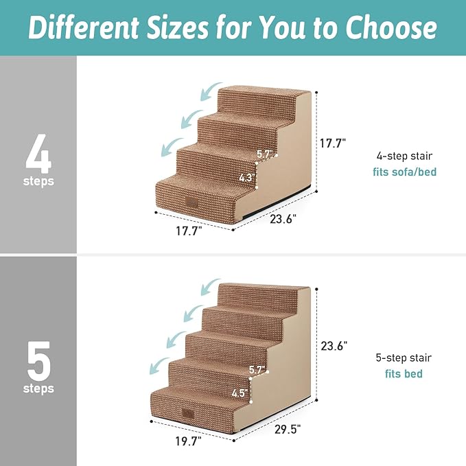 Dog Stairs for Small Dogs 5-Step, 19.7" Extra Wide Right-Angle Pet Stairs for Couch and Beds, Anti-Slip Dog Steps for Old Cats and Lowrider, 19.7x29.5x23.6 inch, Light Brown
