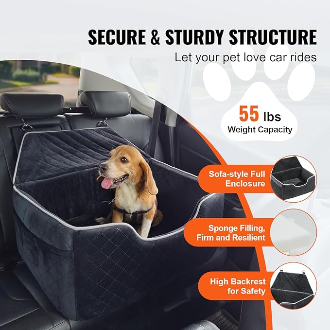 Happybuy Dog Car Seat, Dog Booster Seat for Car with A Storage Pocket, Pet Car Seat with Clip-On Safety Leash, Sponge Filling, Dog Car Bed for Medium & Large Dog up to 55 lbs, Black