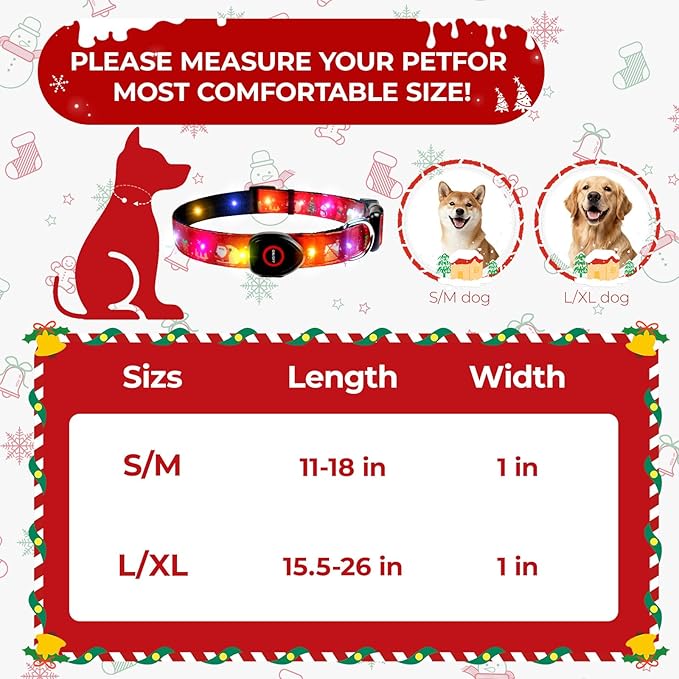 Christmas Light Up Dog Collar, LED Dog Collar Glow in The Dark - USBC Rechargeable, Adorable X-mas Pattern Christmas Collar for Medium to Large Dogs - Comfortable & Cute Xmas Dog Collars, Xmas L