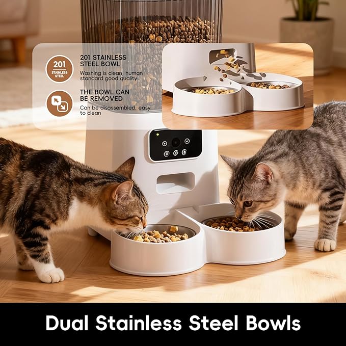 5L Smart Pet Feeder with HD Camera, WiFi Automatic Food Dispenser, Dual Stainless Steel Bowls, App Control, Voice Recorder, Motion Detection for Small and Medium Pets