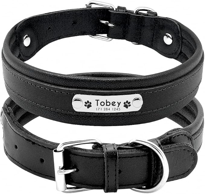 Large Dog Collar Genuine Leather Dog Collar Personalized Pet Name ID Collar Padded Customized for Medium Large Dogs Black M