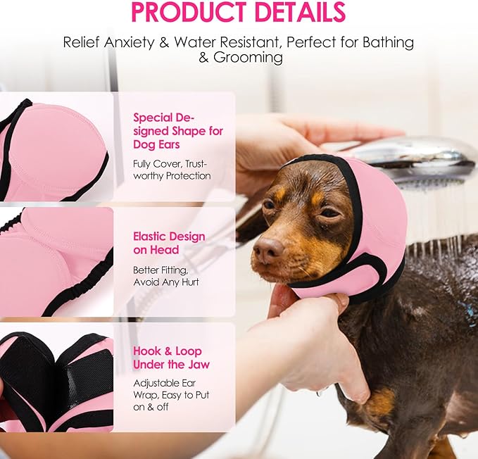 KOESON Dog Calming Hoodie - No Shake Ear Wraps for Dogs, Anxiety Relief & Noise Protection, Water Resistant Pet Ear Cover Muffs for Firework, Grooming, Thunderstorms, Swimming, Bathing, Light Pink L