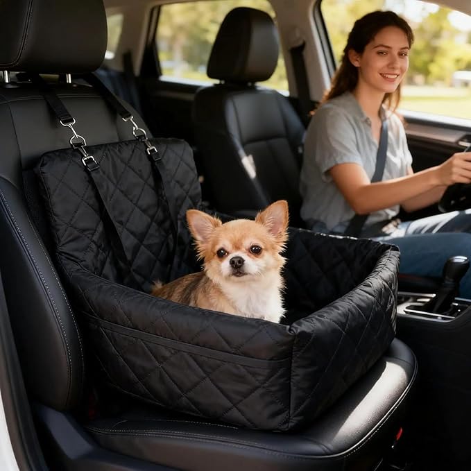 Dog Car Seat for Small Medium Dogs - Memory Foam Seat with Cushion for Pets Under 35lbs,Detachable & Machine Washable Pet Car Bed, Includes 2 Safety Belts Storage Pockets,Universal Fit for SUV Sedan