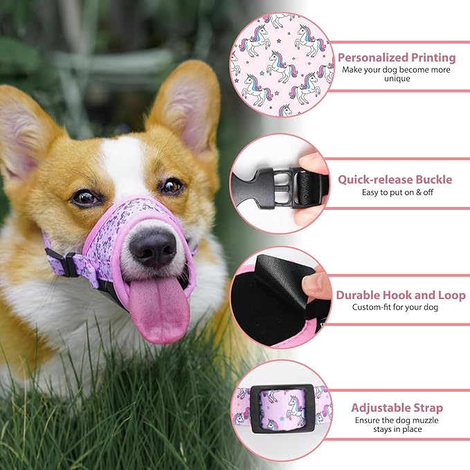 LUCKYPAW Dog Muzzle Anti Biting Barking and Chewing with Comfortable Mesh Soft Fabric and Adjustable Strap, Suitable for Small, Medium and Large Dogs(Pink Unicone,XL)