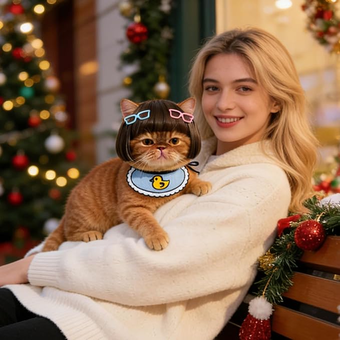 Funny Cat Bangs Bob Wig - with Ear Holes, Adjustable Elastic Band & Trimmable, Built-in Knitted Bandana & Bow Clip, Cat Cosplay Costume for Halloween Christmas Parties Festivals (Black)
