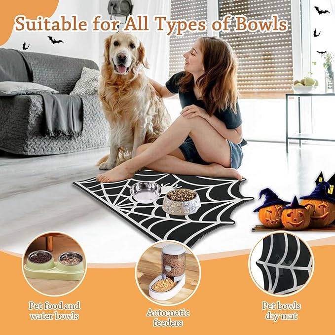 Halloween Pet Mat for Food and Water, Pet Feeding Mat for Dog Cat Bowl Absorbent Anti-Stain Non-Slip Quick Dry Easy Clean Floor Placemat, Pets Accessories Indoor (Spider Web)