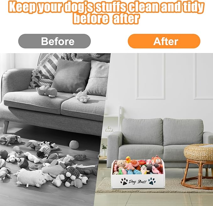 Leinuosen Large Dog Toy Bin Basket, 20 Inch Large Stuff Toy Storage Basket Bin with Bone Handle Cutout Pattern Pine Container for Organizing and Storage Dog Leash Chew Toys(White, Undivided)