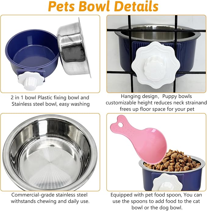 Hamiledyi Crate Dog Bowl Cat 2 Pcs Removable Stainless Steel Hanging No Spill Pet Bowl for Kennels Durable Detachable Design Fits Small Medium Dog Cages (Dark Blue