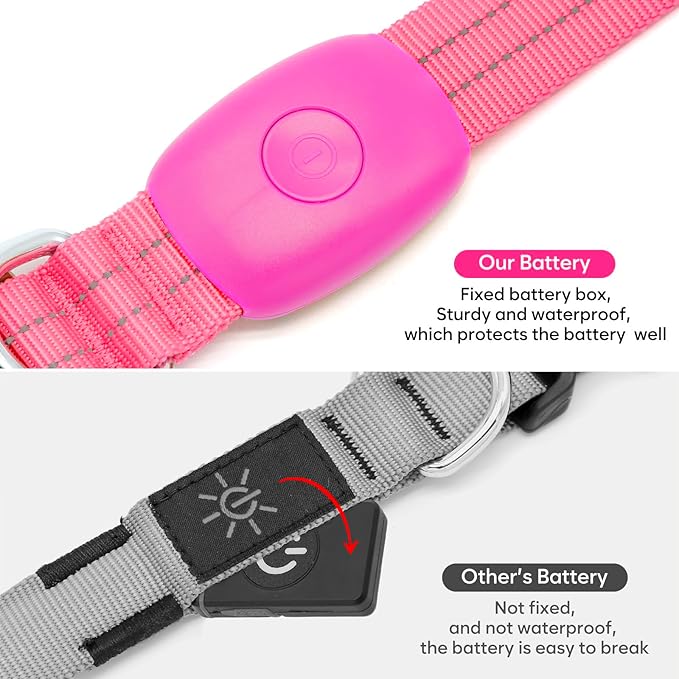 Light Up Dog Collars Rechargeable, Reflective LED Glow Dark Dog Collar for Small Medium Large Dogs, Adjustable Pet Dog Lights for Safe Night Walk-Pink, Small