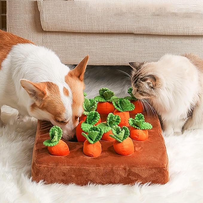 Carrot Dog Toy, Snuffle Mat for Dogs Toy Carrot, Interactive Carrot Dog Puzzle, 2 in 1 Non-Slip Nosework Feed Games, Dog Carrot Toy Pet Stress Relief with 12 Carrots(1)