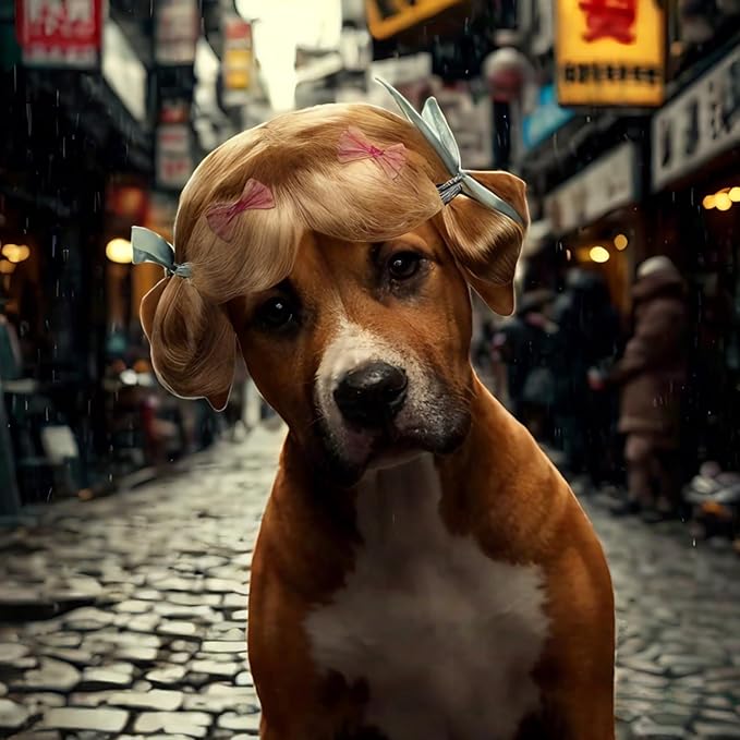 Pet Wig for Dogs and Cats, Realistic Adjustable Costume Wig with Simulated Hair for Small Medium Large Pets, Halloween Cosplay Party Photo Shoot Fun Accessory (Beige)