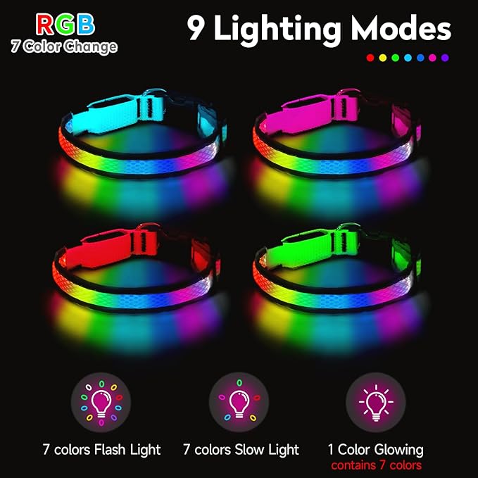 LED Dog Collar, Light Up Dog Collar USB Rechargeable, Nylon Adjustable Comfortable Soft Bright RGB 7 Colors Changeing Safety Light Glowing Collar for Medium and Large Dogs(Medium,Blue)
