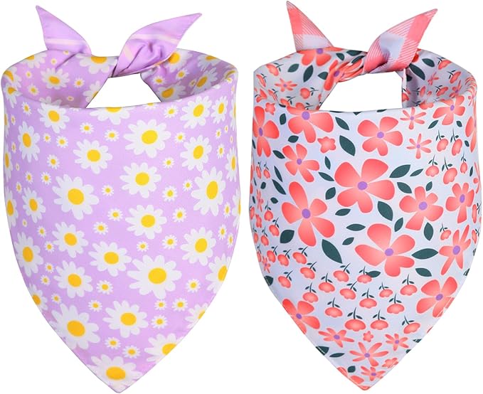 Summer Dog Bandanas Girl Small 2PCS, Purple Pink Daisy Scarf, Durable Triangle Reversible Bibs Spring Handkerchief for Puppy Pet