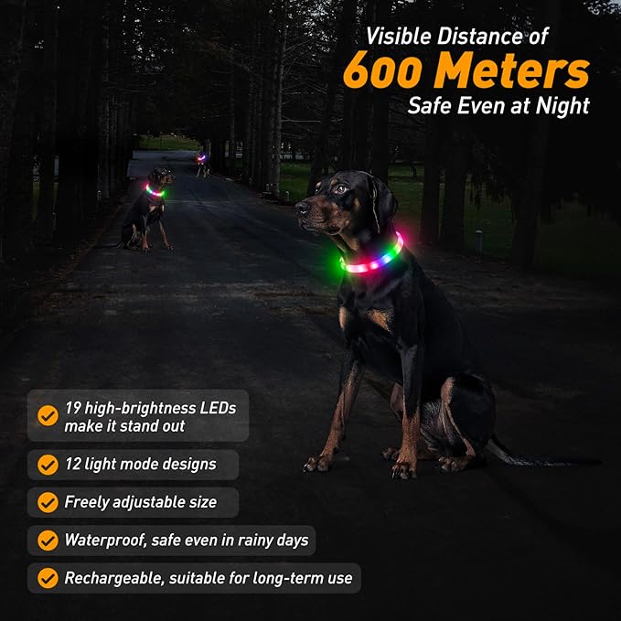 LED Dog Collar with 12 Lighting Modes-Rechargeable Dog Light Glow in The Dark for Night Walking, Adjustable Light Up Dog Collar for Small/Medium/Large Dogs, 1-H Charge & 12H Runtime, Yellow