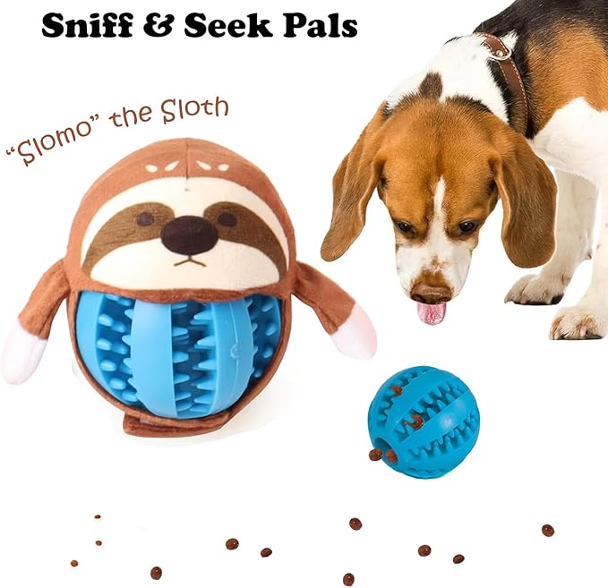 Tumbo Sniff & Seek Pals Dog Toy - Hide & Seek Treat Ball, Plush Animal Cover, Interactive Snuffle Toy for Enrichment & Boredom Relief (Slomo The Sloth (Blue))
