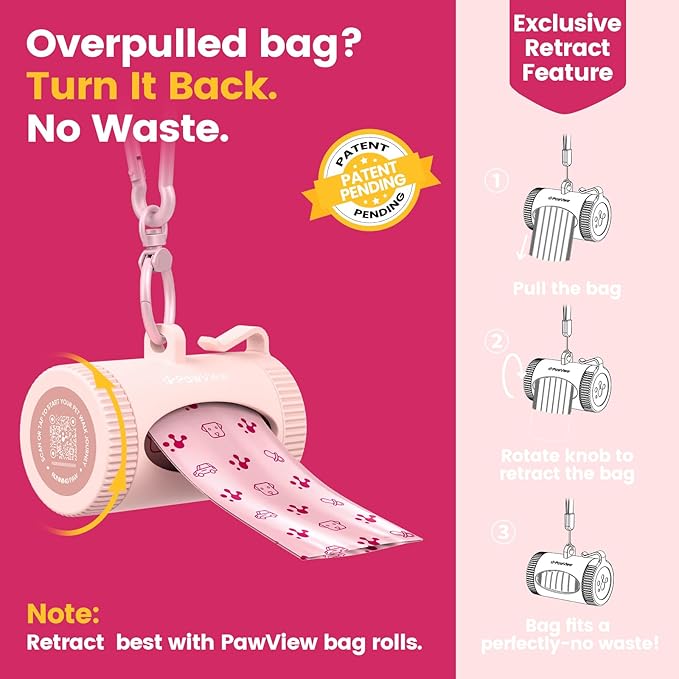 Dog Poop Bag Rolls with Retractable Poop Bag Holder, Leak Proof and Extra Thick Lavender Pet Waste Bags, 70% Recycled GRS Certified, 1 Dispenser and 105 Bags for Doggy Walking & Cat Litter