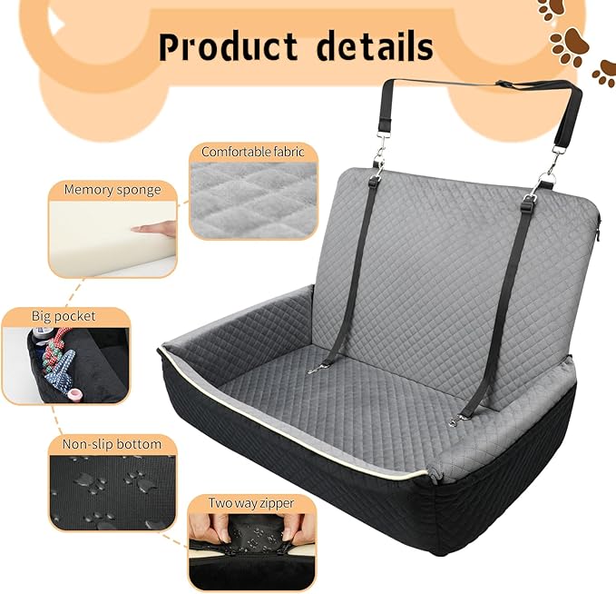 Large Dog Car Seat Under 60 lbs or 2 Small Dogs Dog Bed for Car Back Seat with Seat Belt Fixation The Seat Fabric Soft and Comfortable Removable and Washable.(Black Brown)