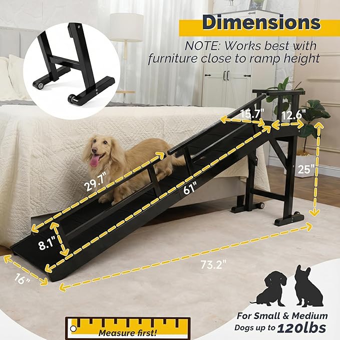 Dog Ramp for Bed or Couch, Wooden Pet Ramp with 20° Gentle Slope, Removable Side Rails, Non-Slip Surface, Top Platform & Wheels, Safe Bed Ramp for Small, Medium & Senior Dogs, 74" Long, Black