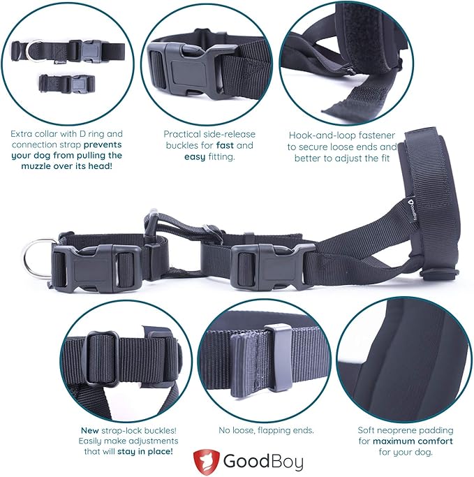 Gentle Muzzle Guard for Dogs - Prevents Biting and Unwanted Chewing Safely Secure Comfort Fit - Soft Neoprene Padding – No More Chafing – Training Guide Helps Build Bonds with Pet (S+, Grey)