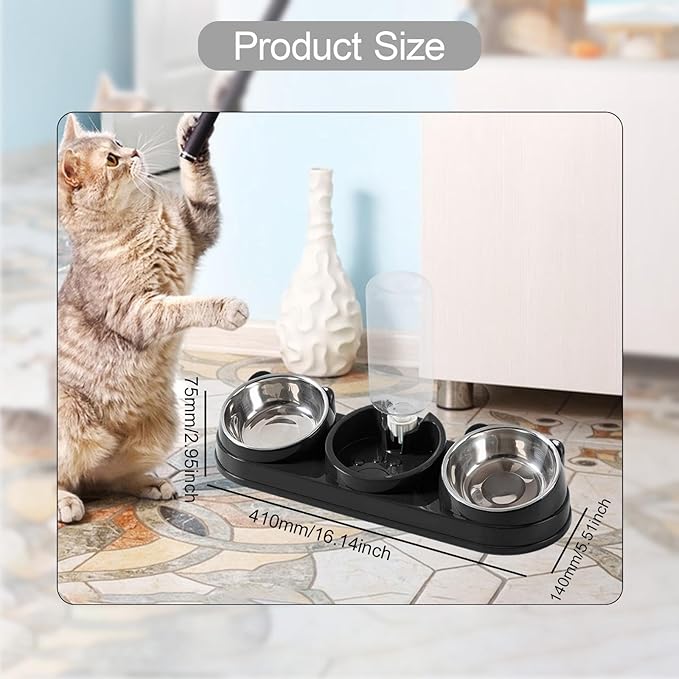 Triple Cat Bowls Pet Feeder with Water Dispenser 15° Tilted Wet and Dry Food Bowl Set for Small Dogs and Cats- Black