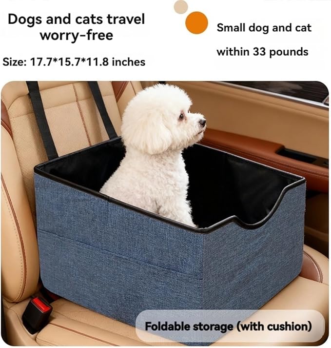 Portable Foldable Cat Dog Car Seat for Small Dogs Spacious Travel Bed with Clip-On Safety Leash Comfy Carseat with Storage Pockets Cat Puppy Car Travel Carrier Bed (Blue)