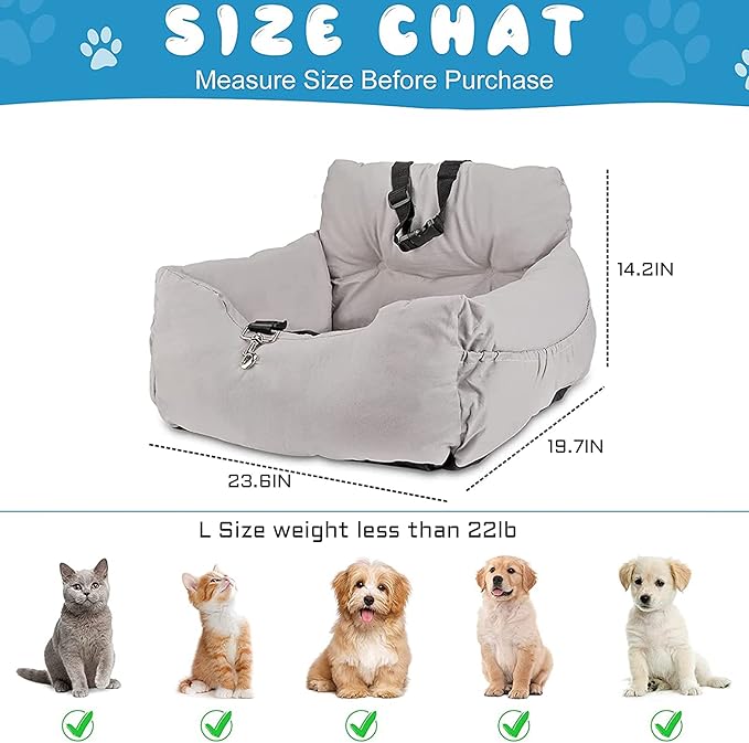 Dog Car Seat Pet Booster Seat Bed for Small Dogs, Puppy Booster Seat Dog Travel Car Carrier Bed with Clip-On Safety Leash and Storage Pocket for Cars/Suvs/Trucks