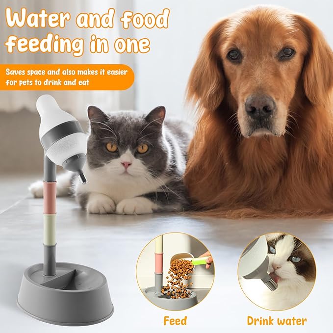 Dog Water Bottle Stand, Adjustable No Drip Dog Water Dispenser with Bowl, 2 in 1 Pet Bowls, Standing Pet Water Dispenser, Automatic Water Food Feeder with Detachable Pole for Your Pets (Gray)