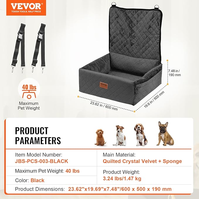 VEVOR Dog Car Seat, Dog Booster Seat for Car with a Storage Pocket, Clip-On Safety Leash, Sponge and PP Cotton Filling, Vehicle Bed for Small & Medium Pet up to 40lbs, Black