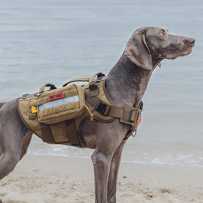 OneTigris Large Tactical Dog Harness, No Pulling Adjustable Dog Vest Harness, Heavy Duty Dog Harness with Handle, Large Hook and Loop Panels for Patch(Brown,S)