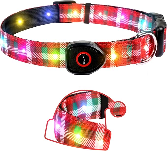 Christmas Light Up Dog Collar, LED Dog Collar Glow in The Dark - USBC Rechargeable, Adorable Plaid Pattern Christmas Collar for Medium to Large Dogs - Comfortable & Cute Xmas Dog Collars, Plaid M