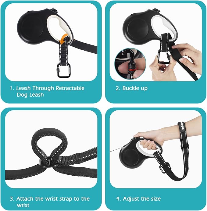 PetBonus Dog Leash Wrist Strap, Safety Strap for Retractable Leash, Lockable Reflective Short Dog Lead with Adjustable Soft Padded Handle for Walking, Extra Layer Security for Pet Stroller (Black)