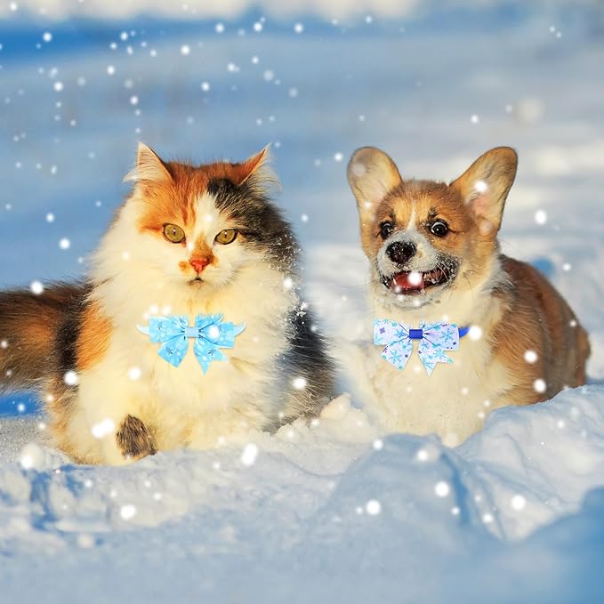Maitys 80 Pcs Winter Snowflake Dog Bow Tie Adjustable Winter Dog Collar with Bow Ties 20 Styles Snow Snowman Snowflake Elk Pet Grooming Accessories Attachment Pet Supplies for Xmas Holiday Decor