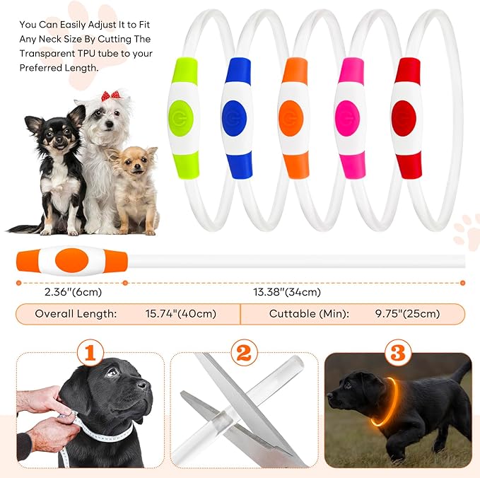 LED Dog Collar, Light Up Dog Collars USB Rechargeable for Night Walking-Fashion TPU Glowing Safety Pet Collar Lights for Small Dogs Cat (Orange)