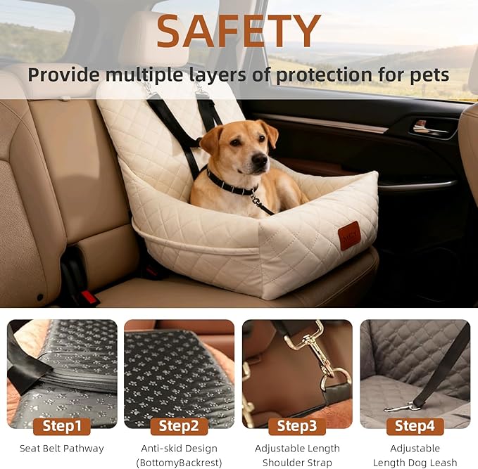 Dog Car Seat for Small Dogs, Fully Detachable and Washable Pet Booster Car Seats, Pet Travel Home Bed Ultra Soft Fabric, Adjustable Straps,Easy to Install, Beige