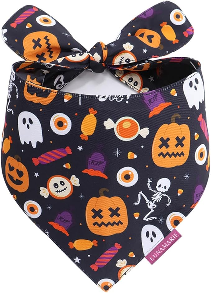 LunaMarie - Luxury Cat and Dog Bandanas - Halloween Designs | Premium Silky Poly Fabric | 100% Handmade Custom Shape Dual Layered Small, Medium, Large Cat Scarf (Trick-Or-Treat, Small)