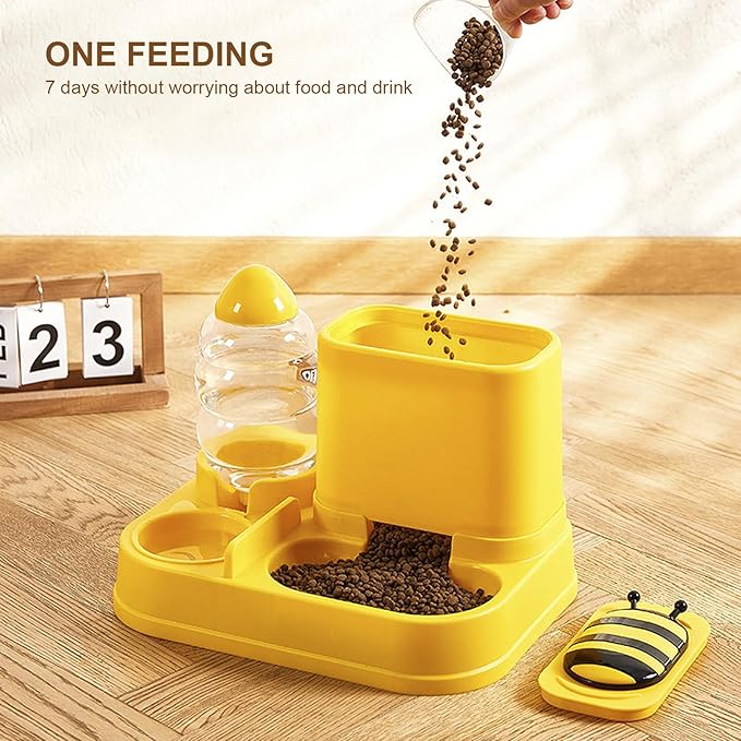 Mangeoirs Et Abreuvoirs Pour Chats, 2 in 1 Bee/Cactus Pets Water and Food Bowl Set, Gamelle Chat, Large Capacity Automatic Cat Feeders Gravity Food Feeder and Waterer Set for Dogs Cats (Yellow)