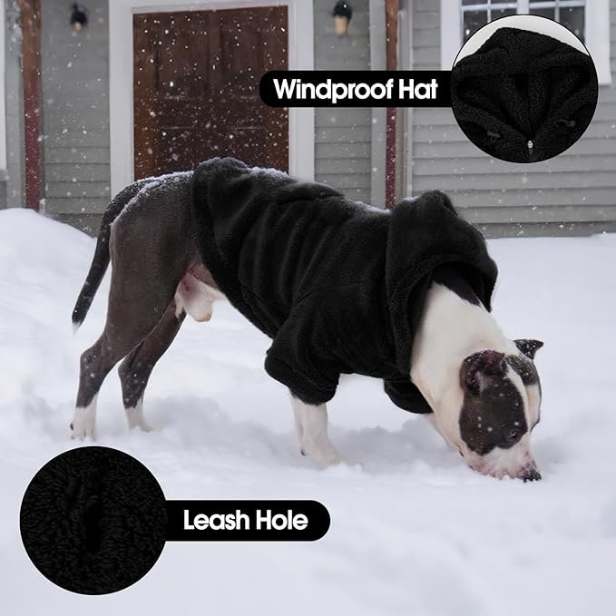 IDOMIK Fuzzy Dog Sweater with Adjustable Hood, Warm Fleece Dog Sweater Hoodie with Harness Hole & Pocket, Pullover Sweaters for Medium Dogs, Fuzzy Hooded Sweatshirt for Fall Winter Christmas,Black,L